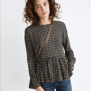 Madewell Button-Back Peplum Top in Mini Windowpane Plaid